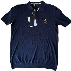Billionaire Couture Logo-Embroidered Cotton Polo Shirt Navy Yellow NWT XL